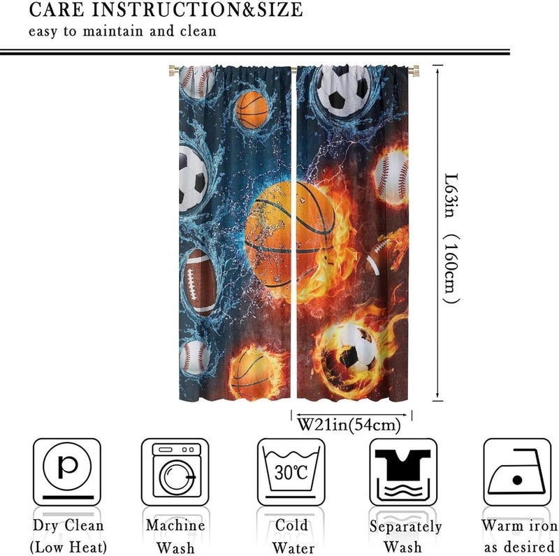 YCness Boys Sports Kids Curtains for Bedroom, Fire Basketball Football Soccer 3D Ball Window Treatments for Living Room,Teen Boys Girls Room Decor Drapes 2 Panel Sets,42x63 Inch - Image 2